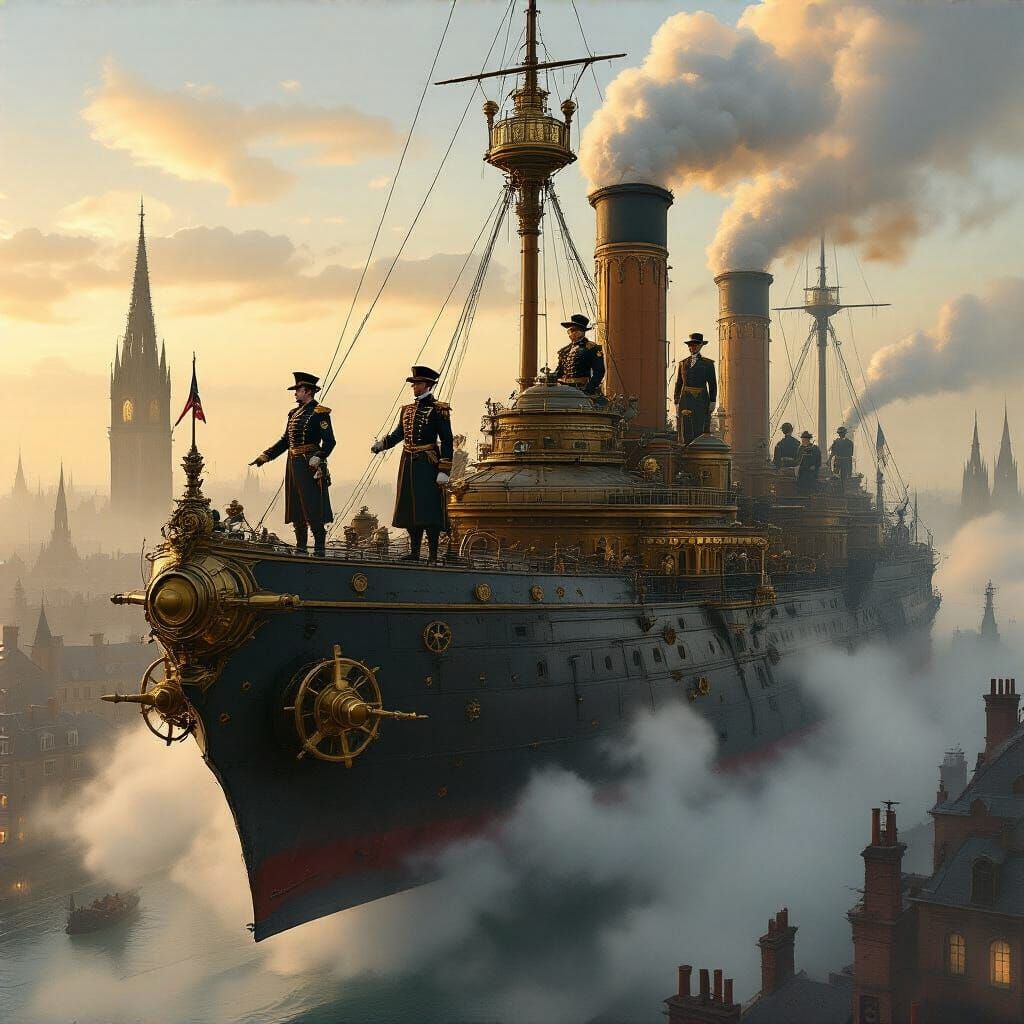 Steampunk Warship Soaring Over Victorian London