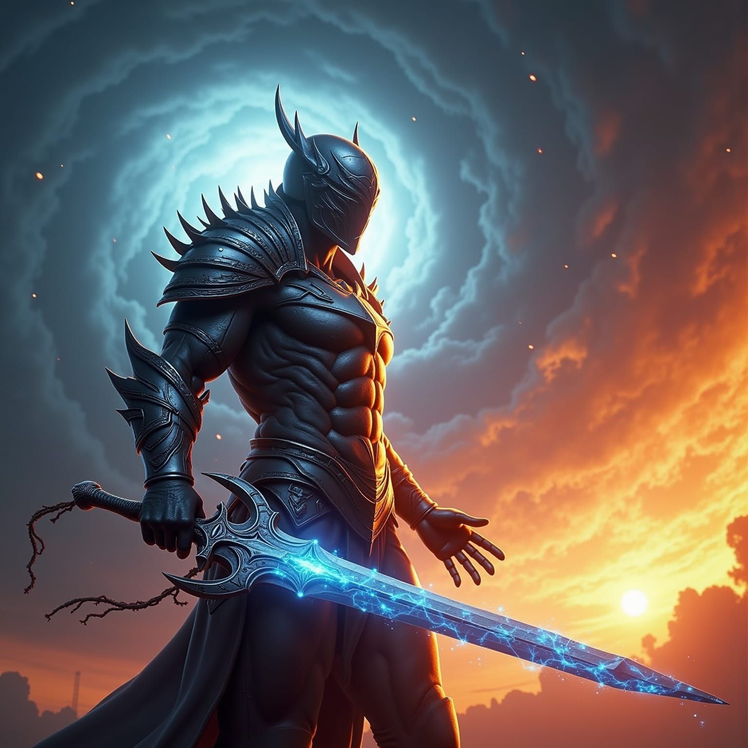 Majestic Warrior Wields Elemental Sword in a Fantastical, Cy...