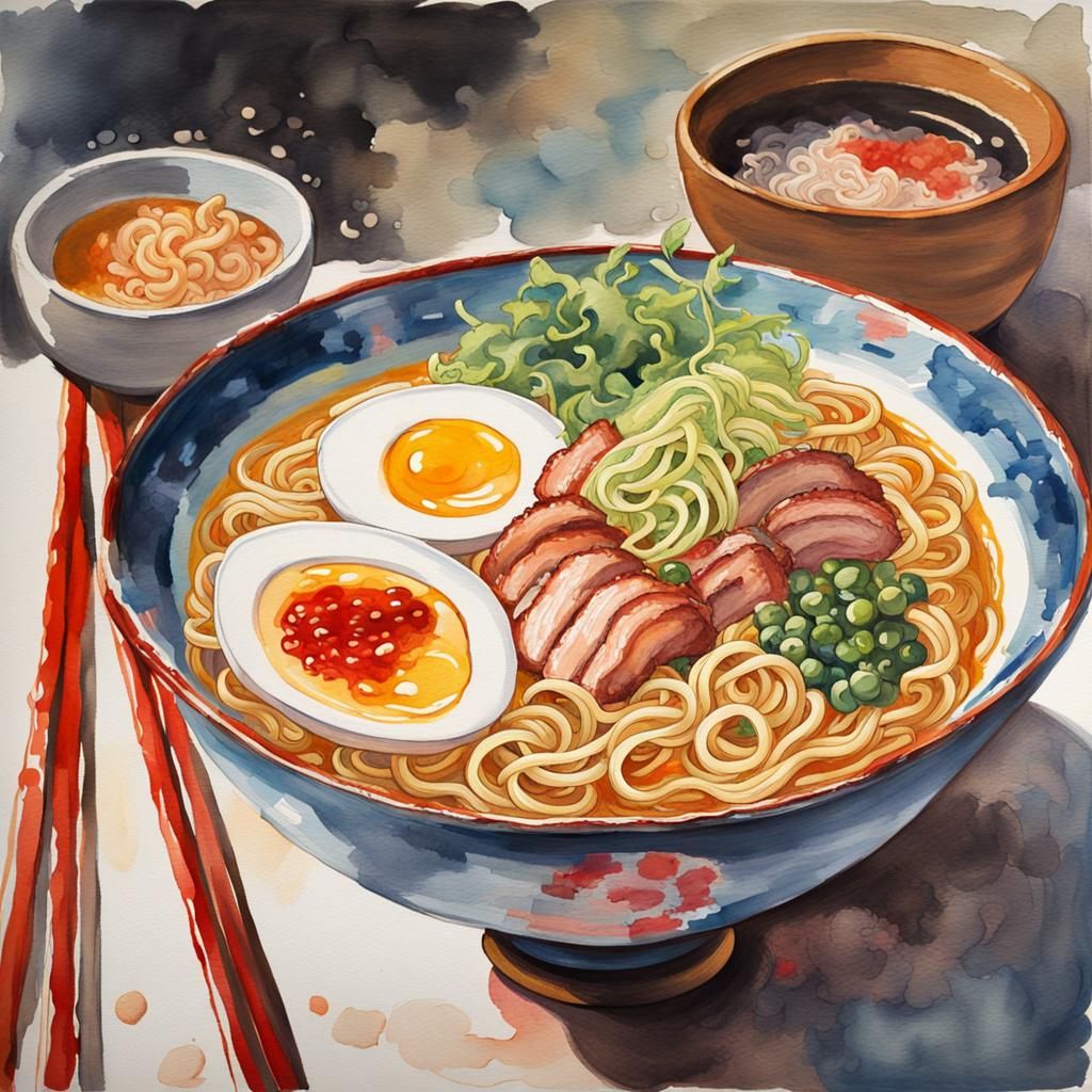 Ramen Dish in Gouache Style Impressionist Painting