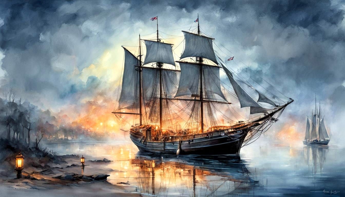 American Schooner at Dawn in Watercolor Style