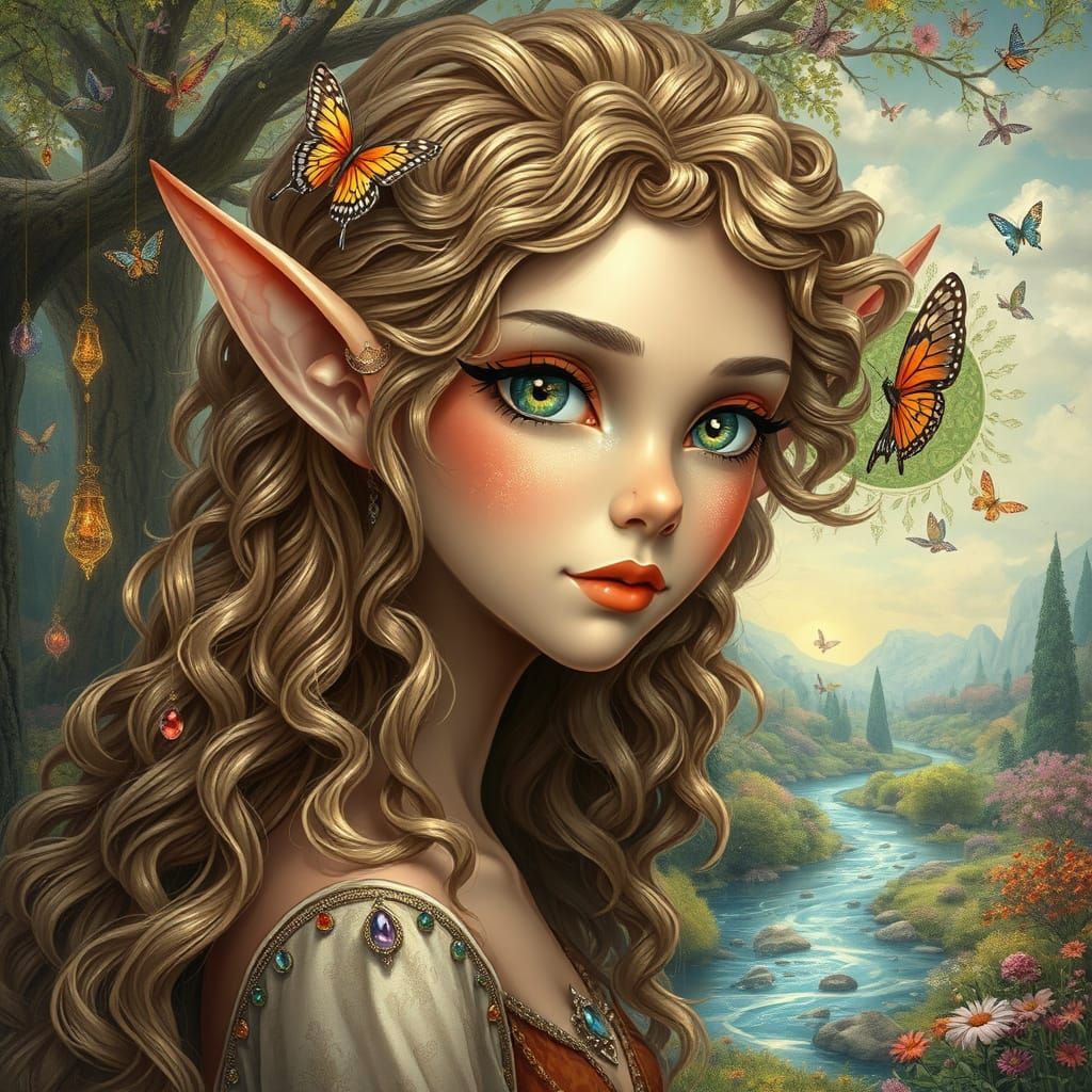 Whimsical Forest Elf in a Surreal Fantasy Landscape