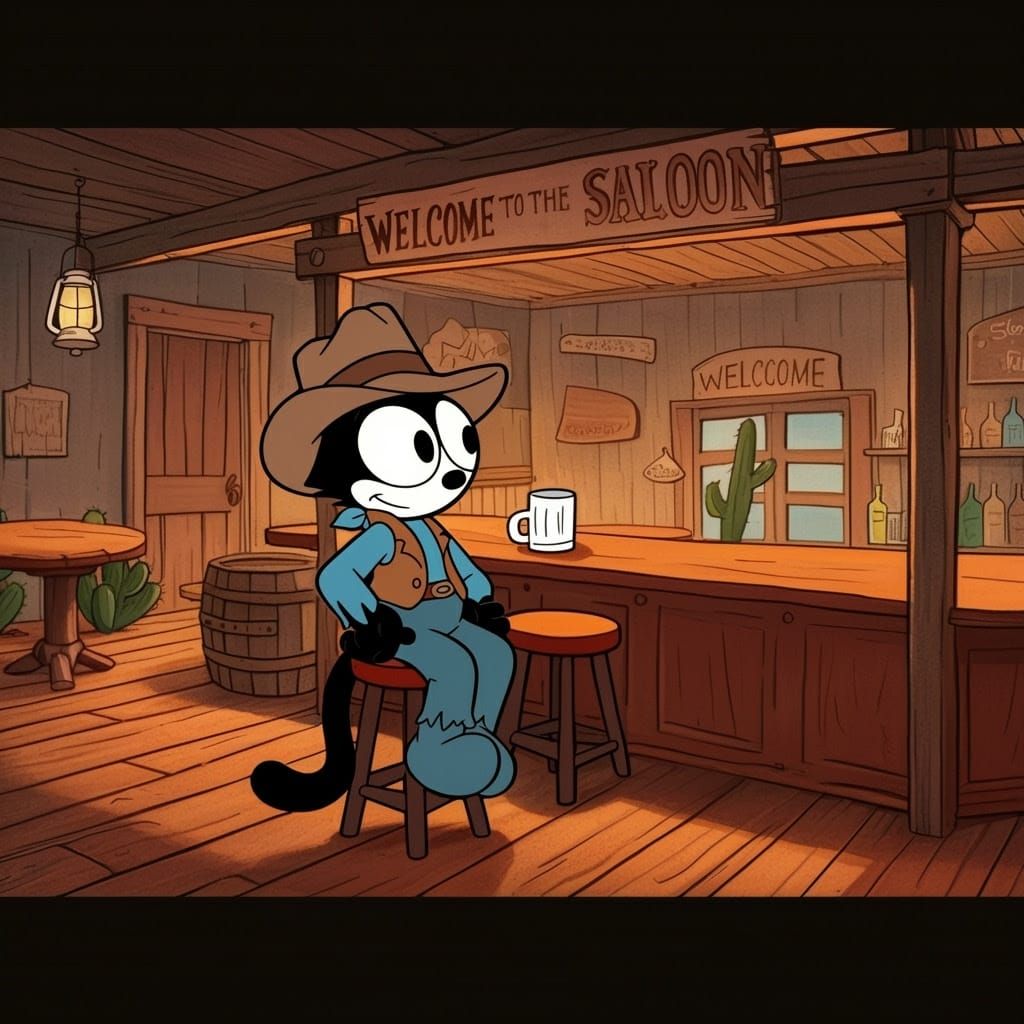 Rustic Cowboy Cat Sits at Saloon Bar