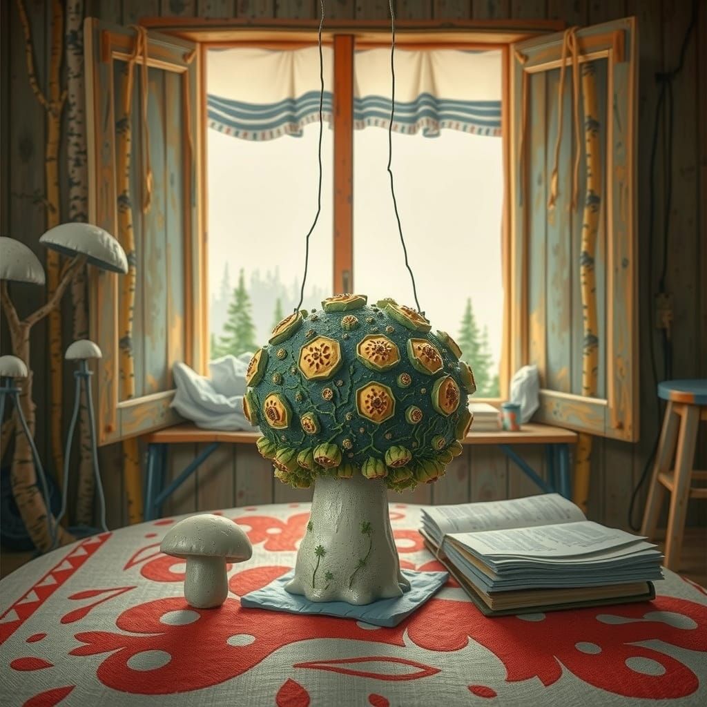 Mystical Blue and White Woodcut of a Swedish Cabin