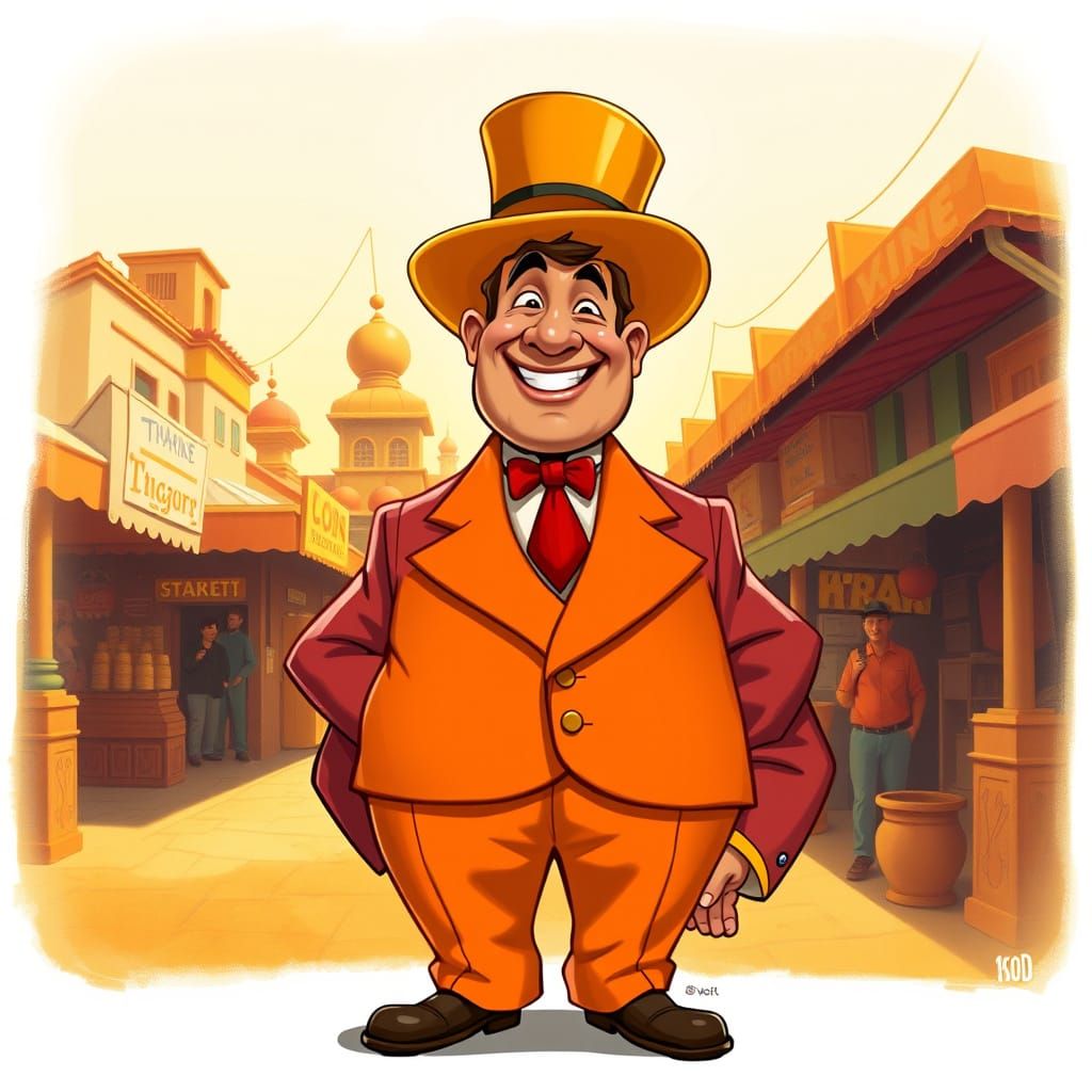 Jovial Merchant Caricature in Whimsical Style
