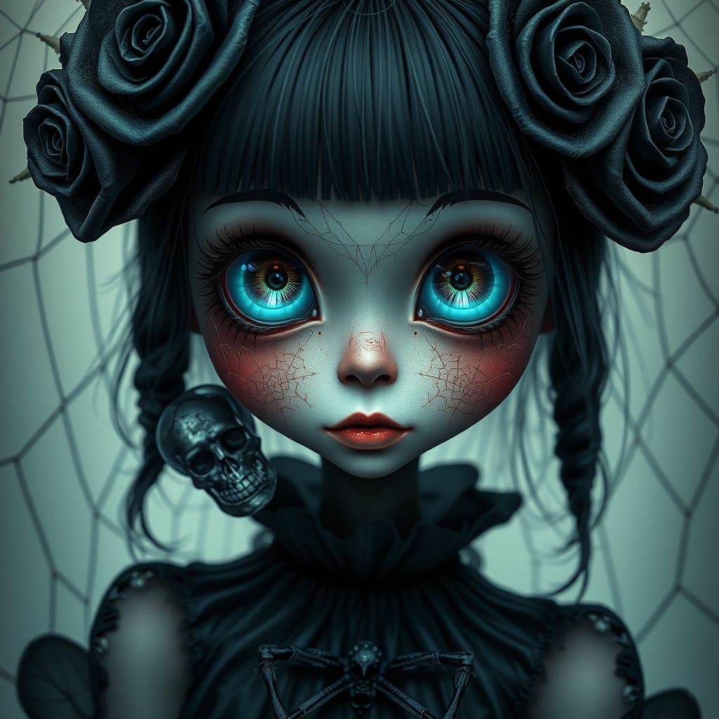 Whimsical Gothic Punk Girl with Bioluminescent Skulls in Bla...