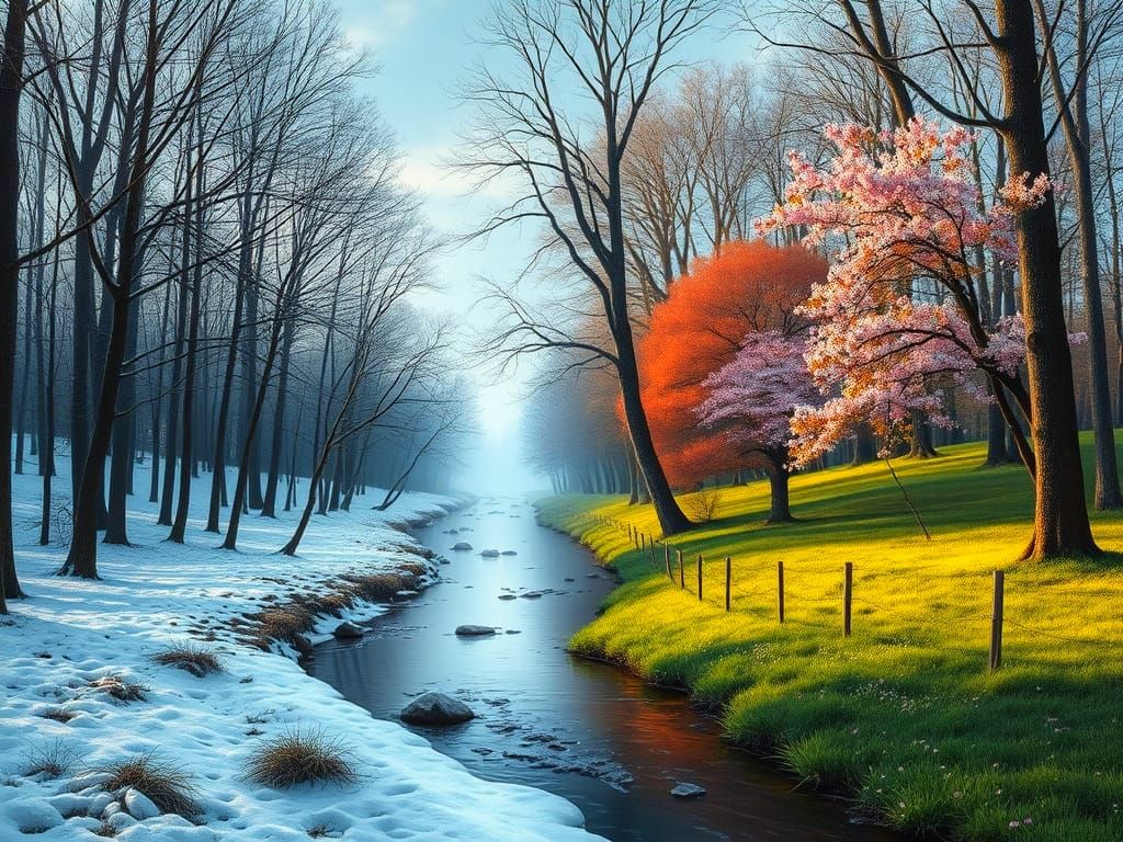 Surreal Stream: Winter Meets Spring in Oil Painting