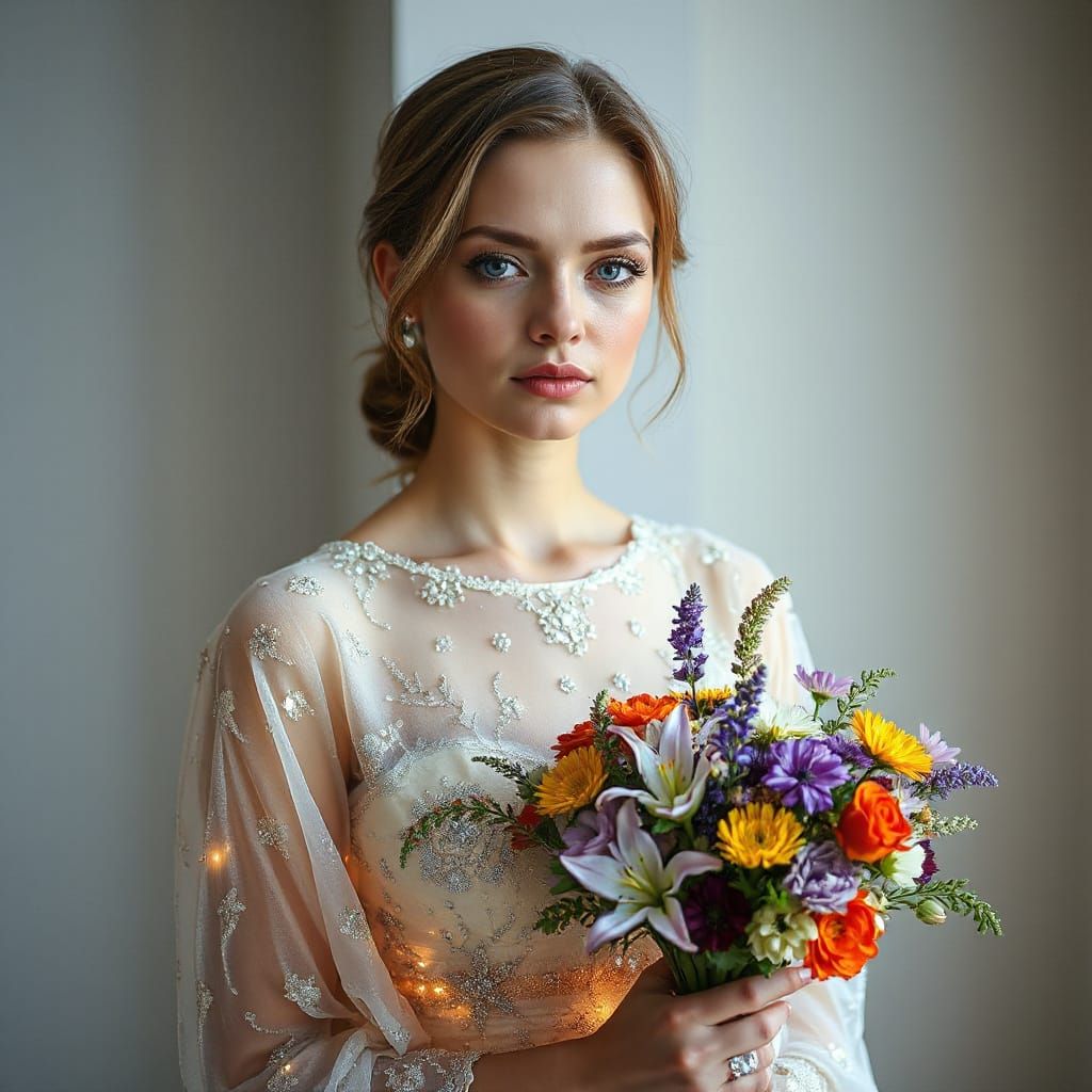 Starlight Gown: Hyperrealistic Woman with Wildflowers