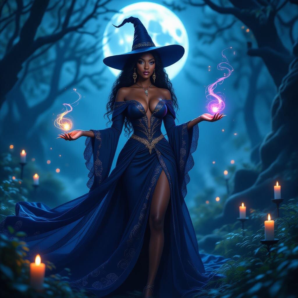 Elegant Witch in Moonlit Enchanted Forest