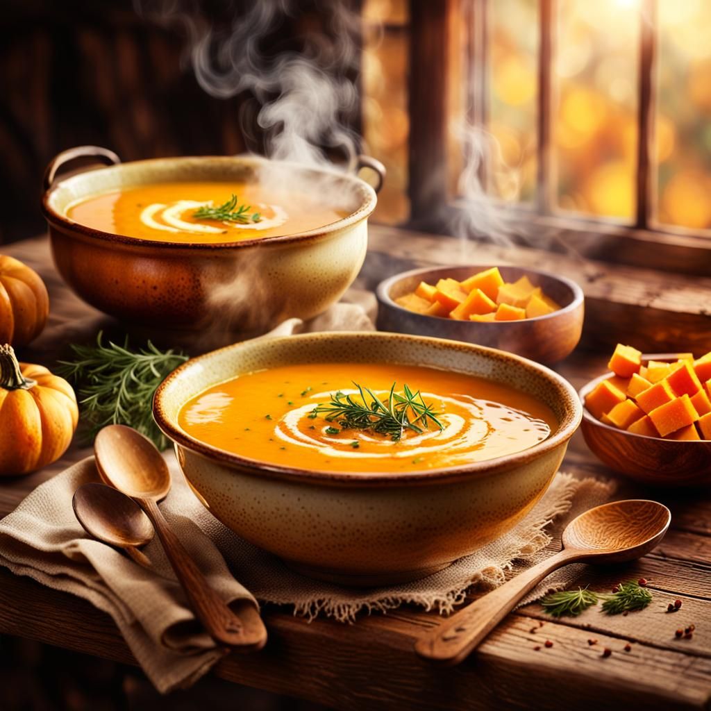 Butternut Squash Soup Still-Life in Impressionist Style