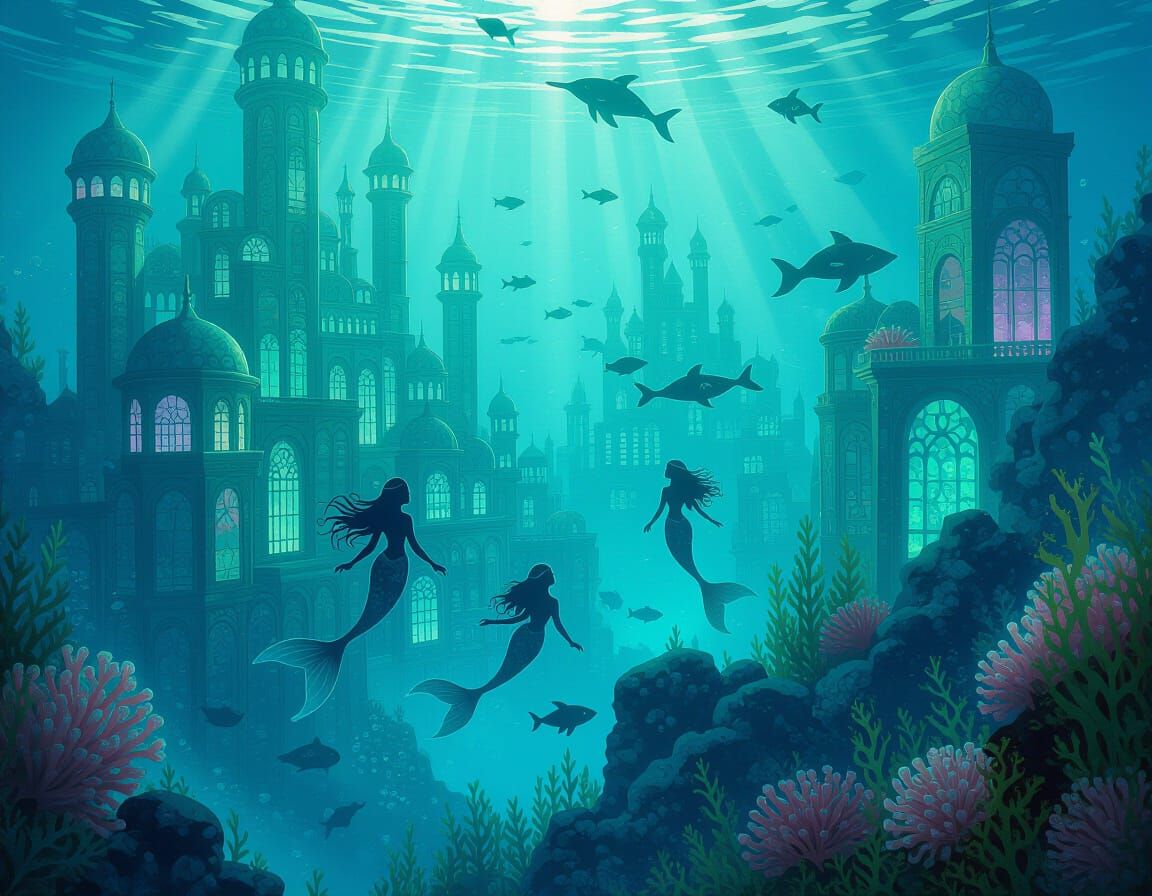 Underwater City with Mermaids in Art Nouveau Style
