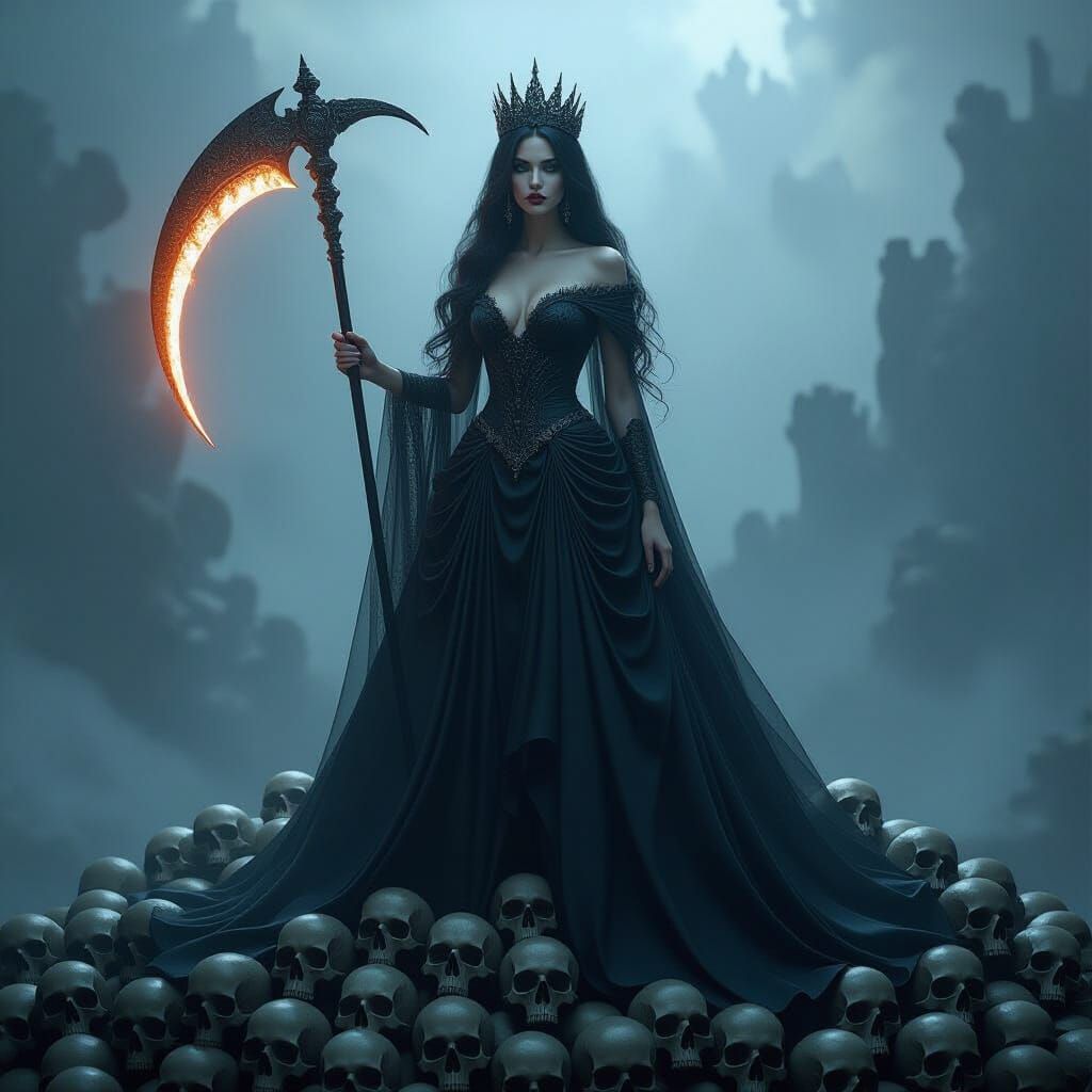 Ethereal Queen with Shadow Gown and Glowing Scythe