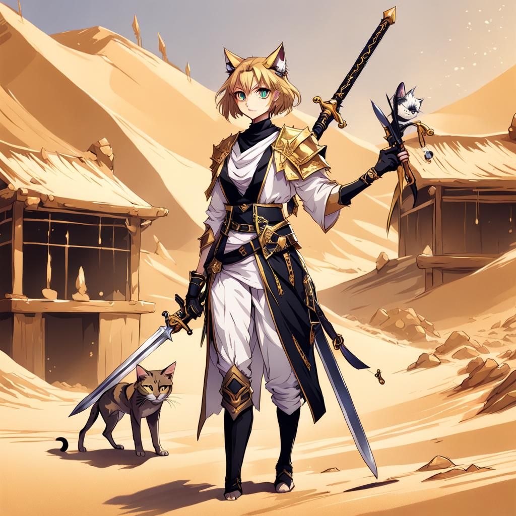 Anime Catgirl Warrior with Greatsword in Golden Sands