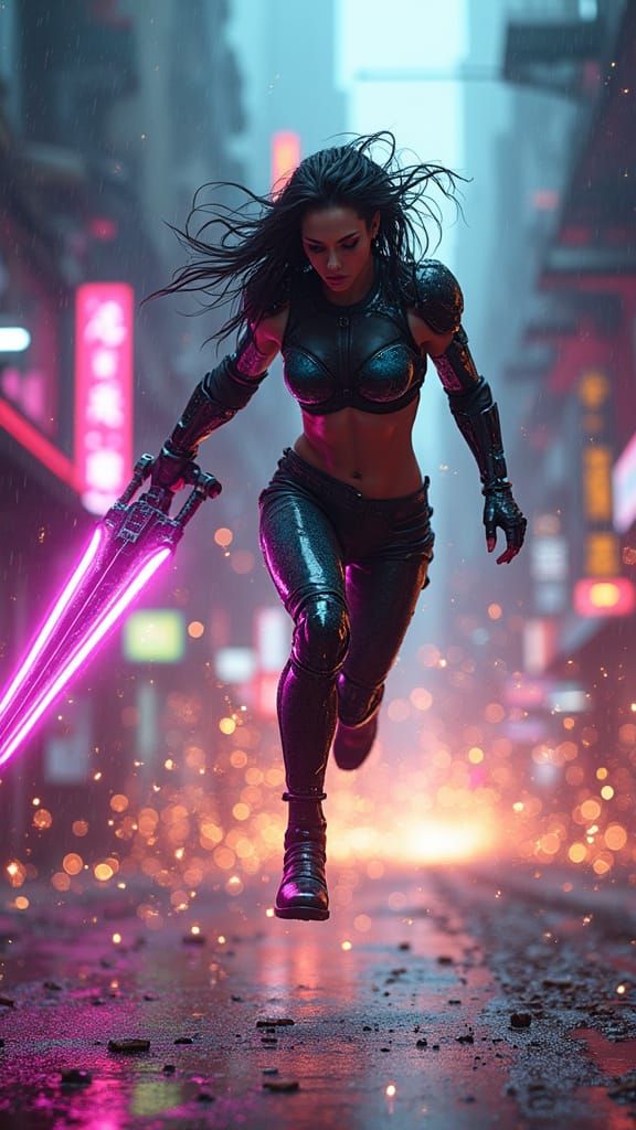 Cyberpunk Warrior Mid-Air Leap in Neon Cityscape