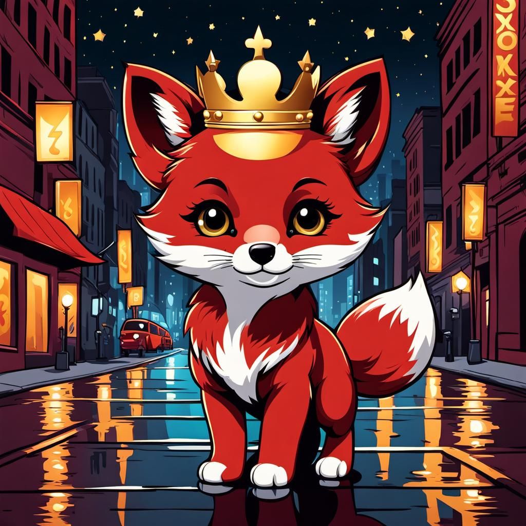 Chibi Fox Pup in City at Night, Pop Art