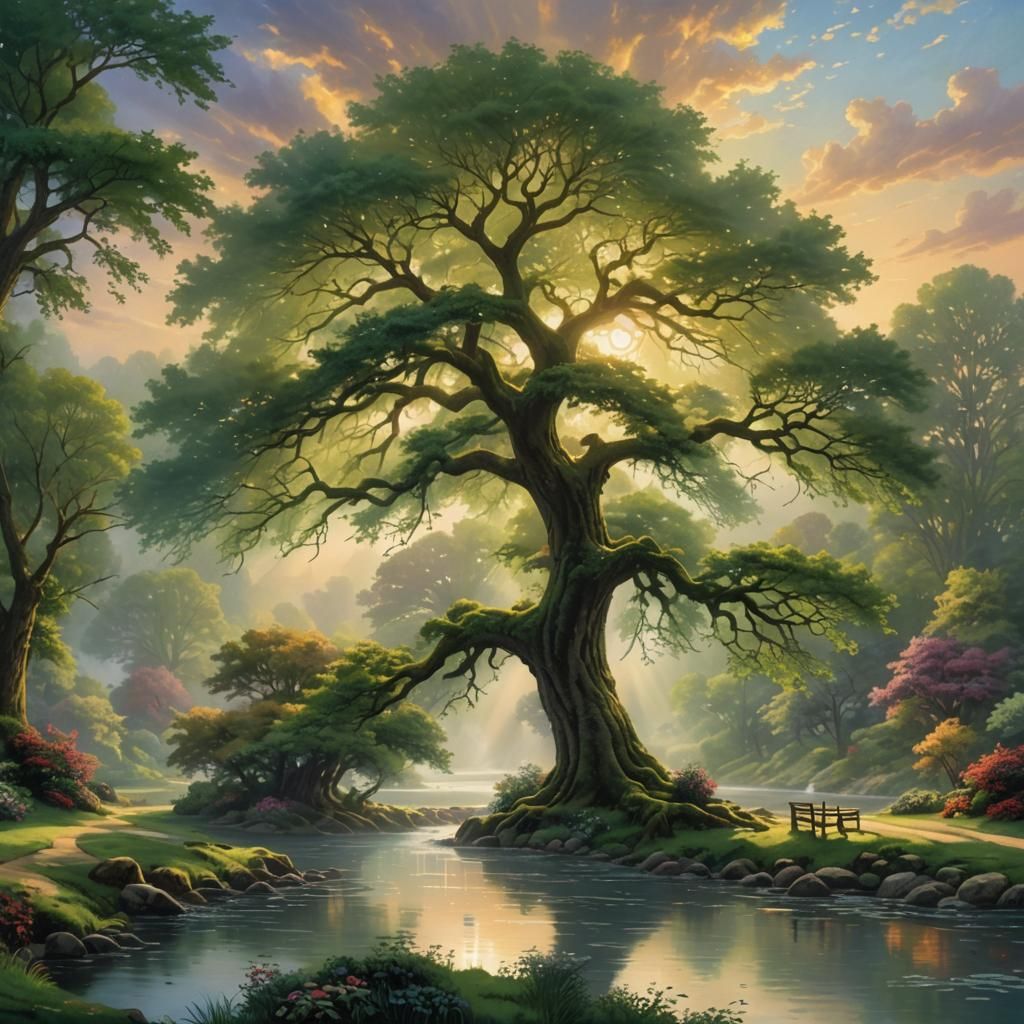 Ethereal Sunrise Through Tree Over River