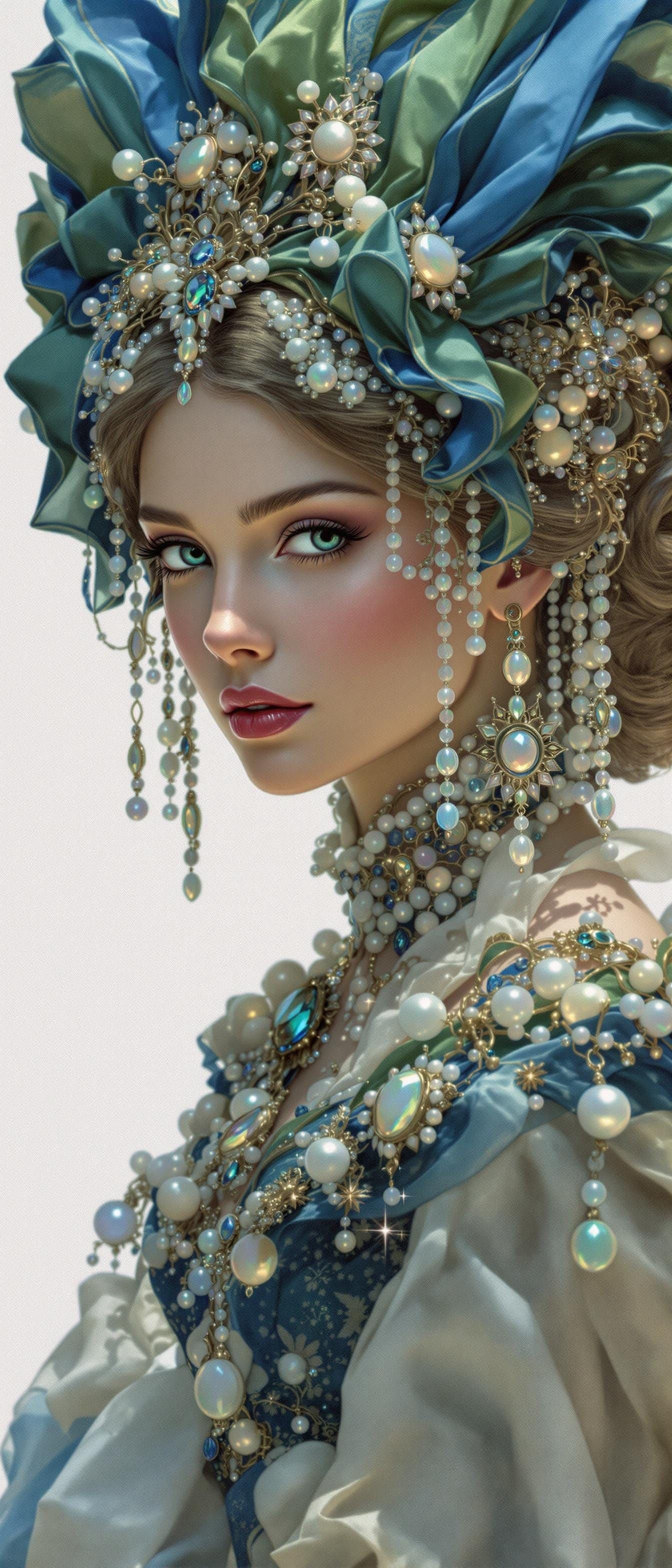 Victorian Lady in Opal-Adorned Blue and Green Gown