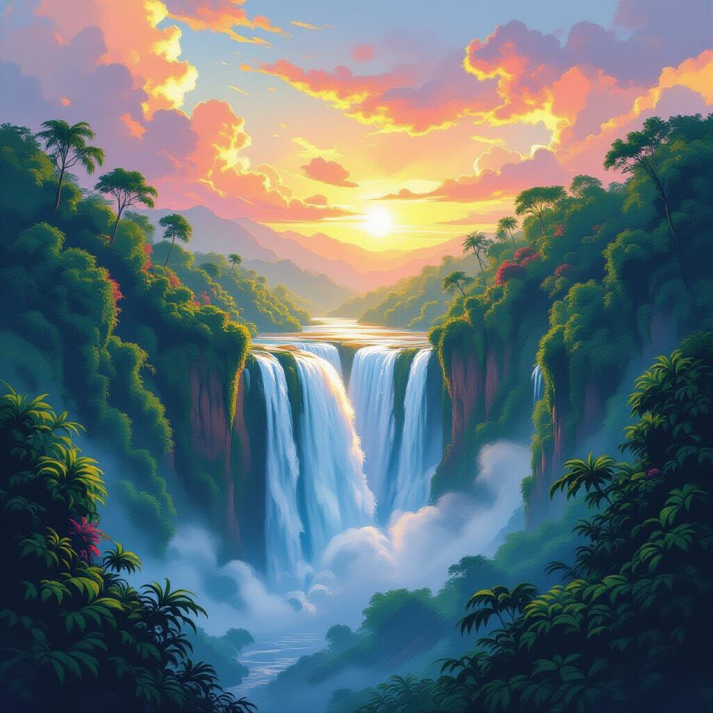 Lush Jungle Waterfall at Sunrise, Airbrush Style