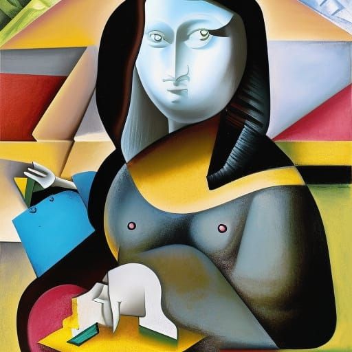 Mona Lisa at Pizza Tower in Abstract Cubism Style