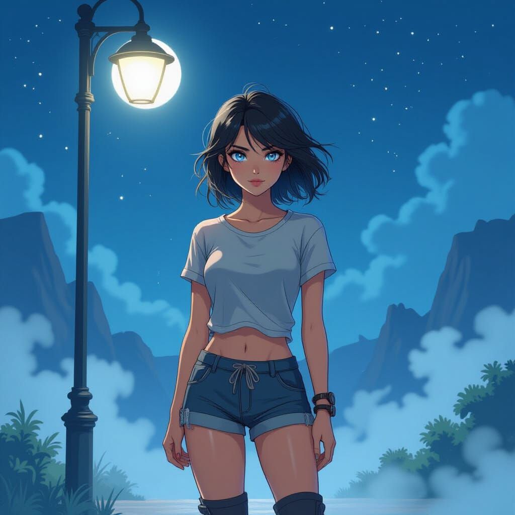 Figure Under Streetlight on Misty Night in Mystical Style