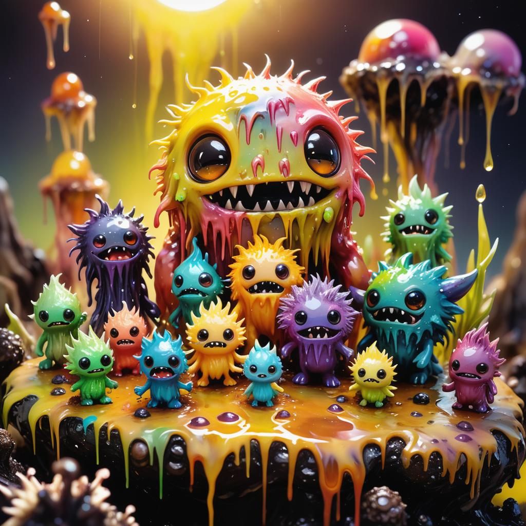 Adorable Chibi Monsters on Wax Planet as Oil Painting