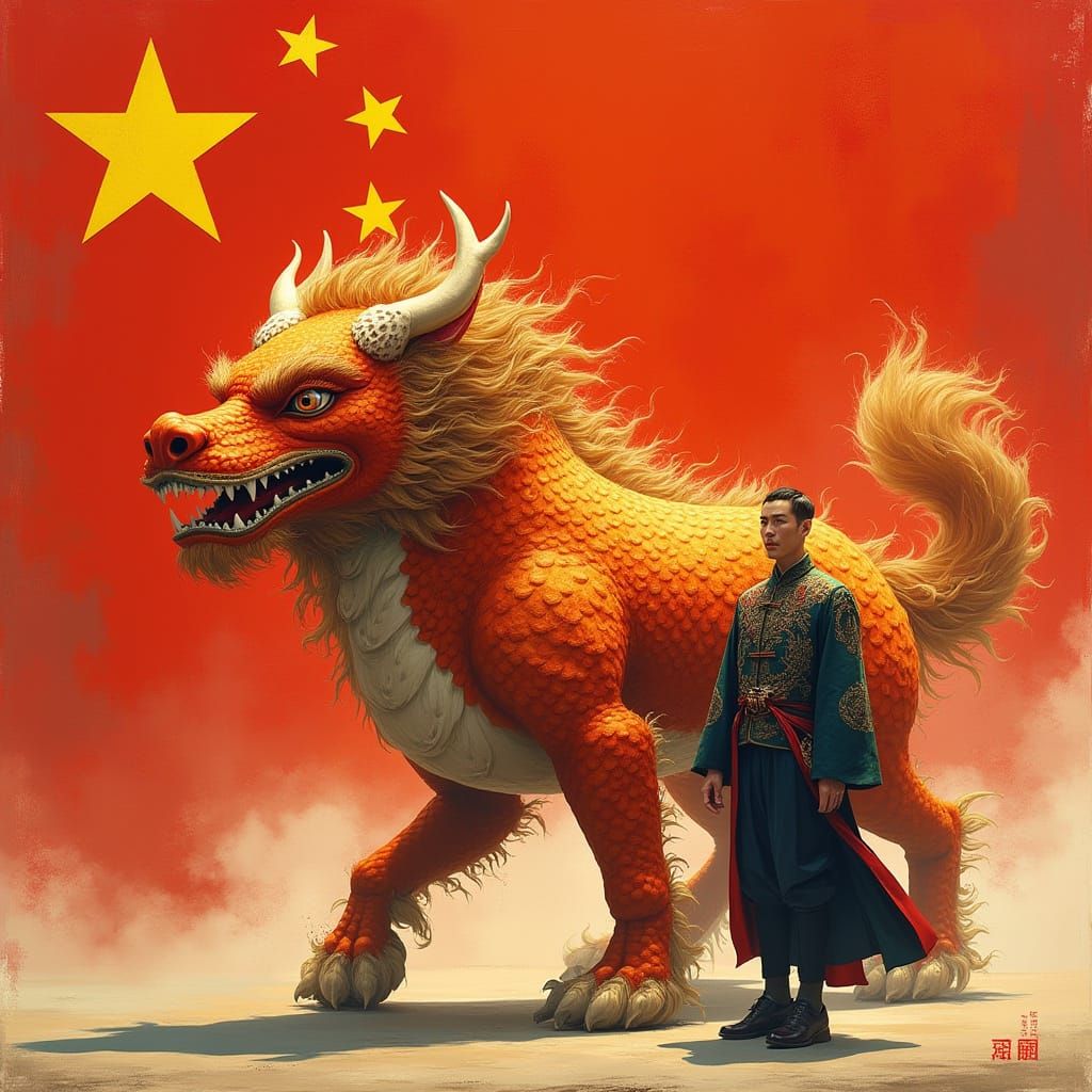 Dignified Gentleman Strolls with Majestic Qilin Companion, I...