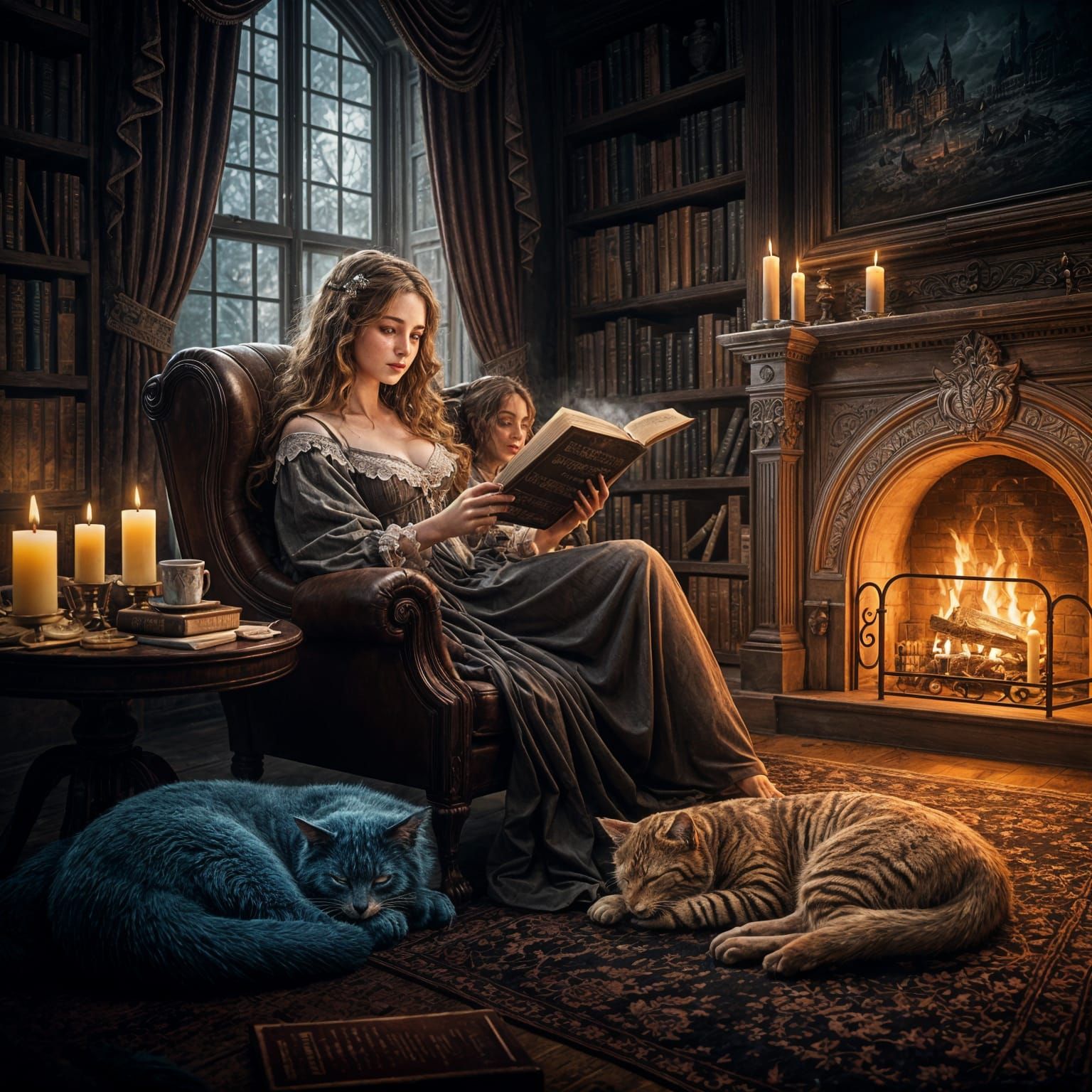 Cozy Cats in a Candlelit Library