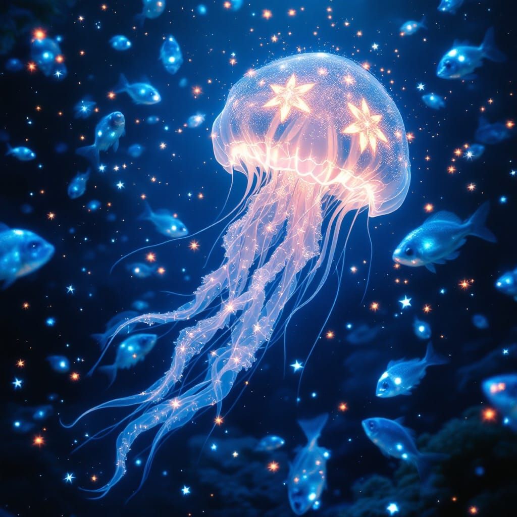 Ethereal Jellyfish Star Amidst Bioluminescent Sea Creatures