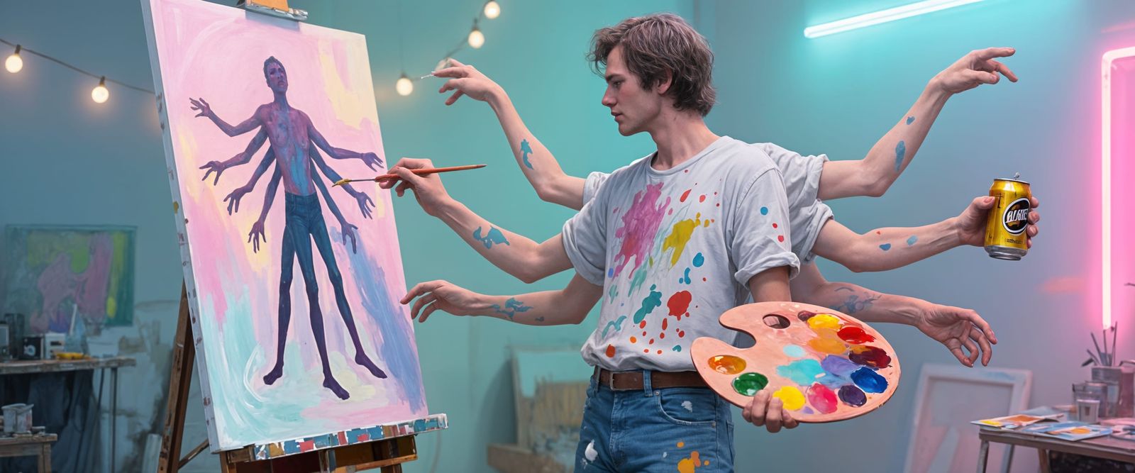 AI Artist with Multiple Arms Paints Surreal Figure