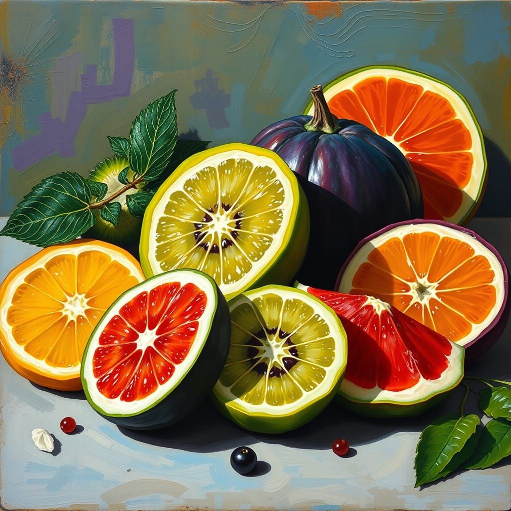 Vibrant Fruit Slices Still Life in Naive Art Style