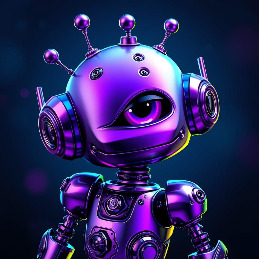 Whimsical Metallic Robot in Neon Gradient Hues