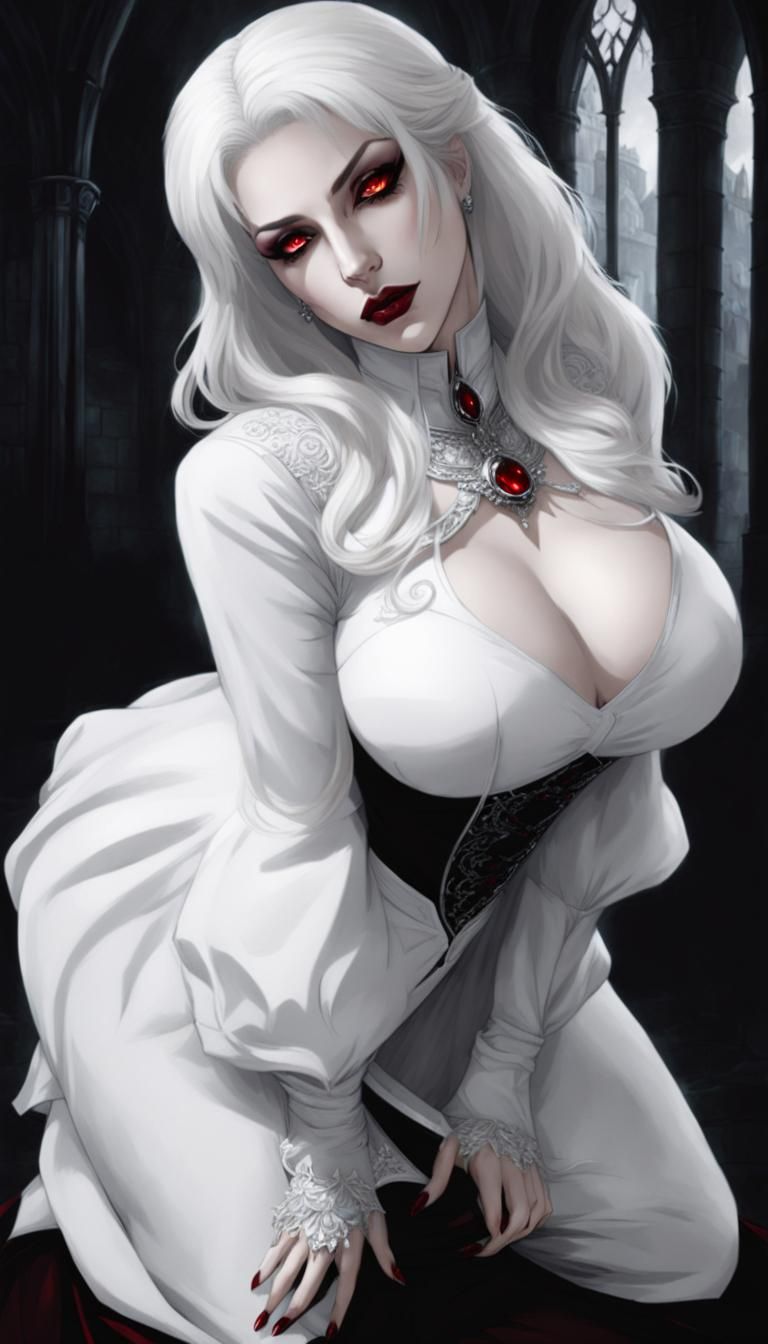 White-Haired Vampire in Gothic Castle, Comic Style
