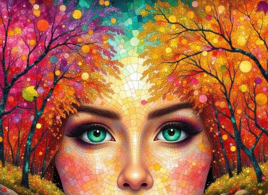 Mosaic Woman in Autumn Landscape with Teal Eyes