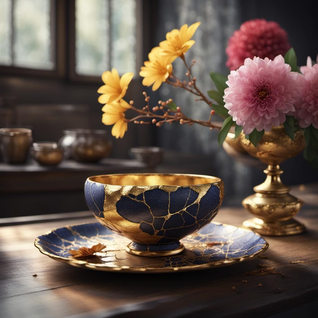 Kintsugi Cup Still Life in Matte Painting Style