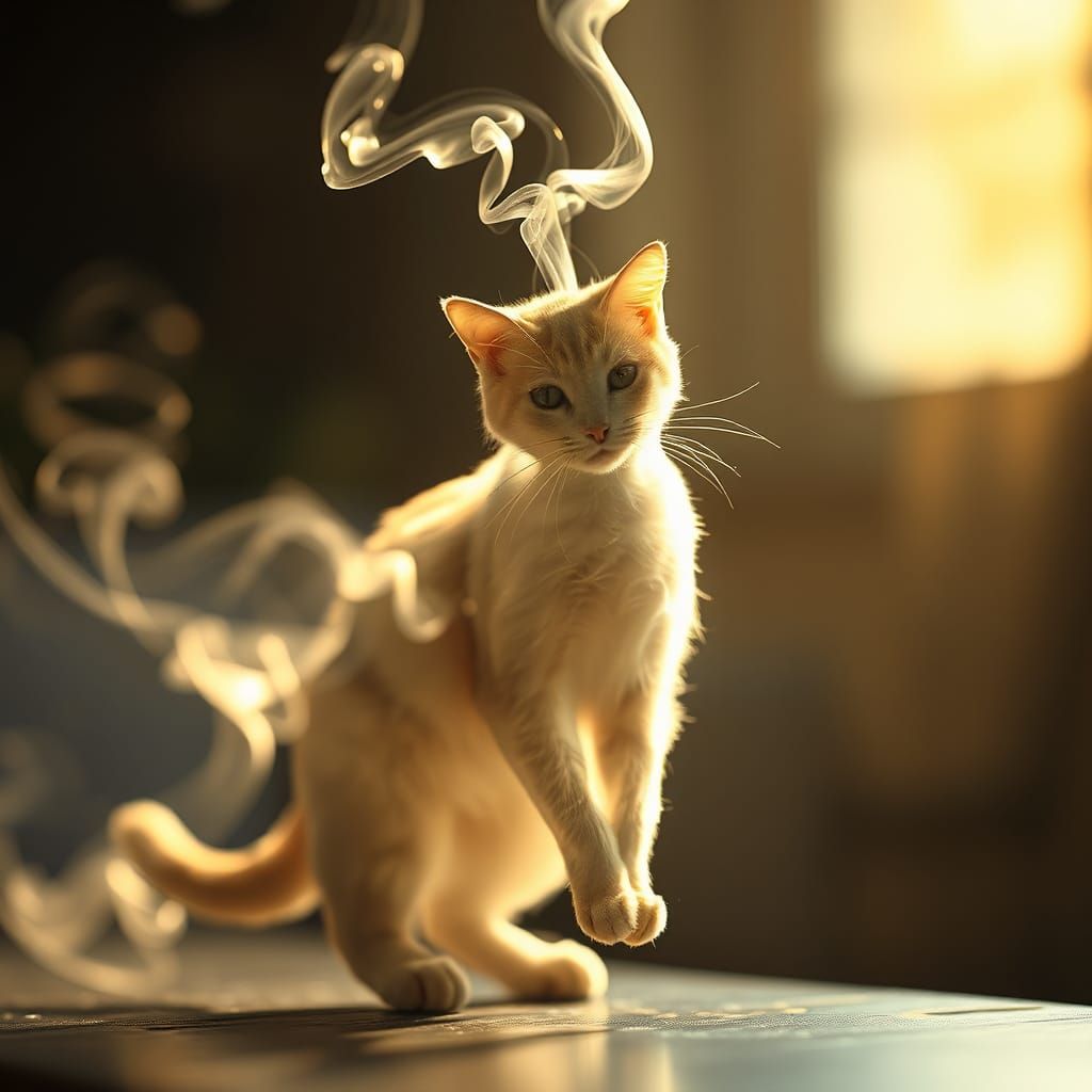 Ethereal Smoke Cat Suspended in Golden Light