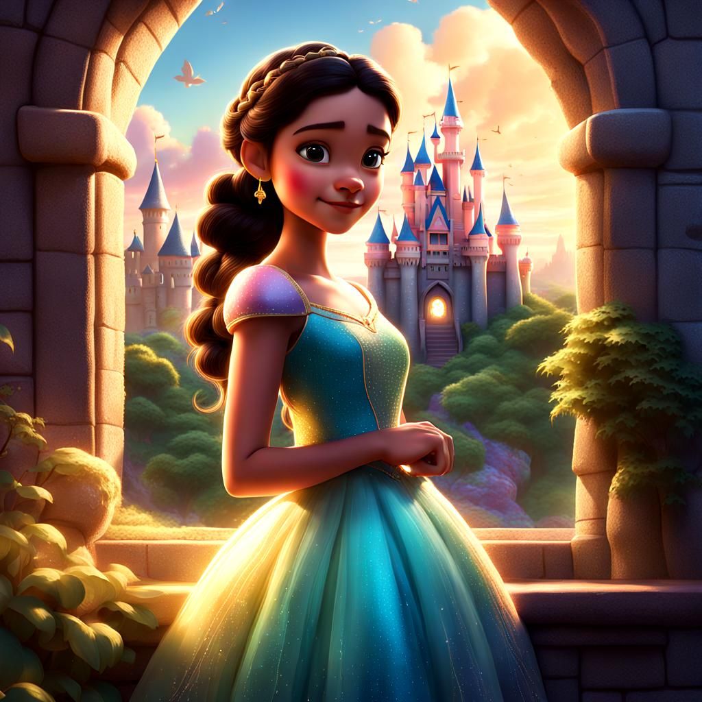 Girl in Princess Dress in Fairy-Tale Landscape