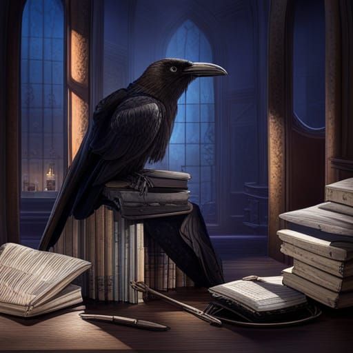 Gothic Raven and Steampunk Instruments in Blue Hues