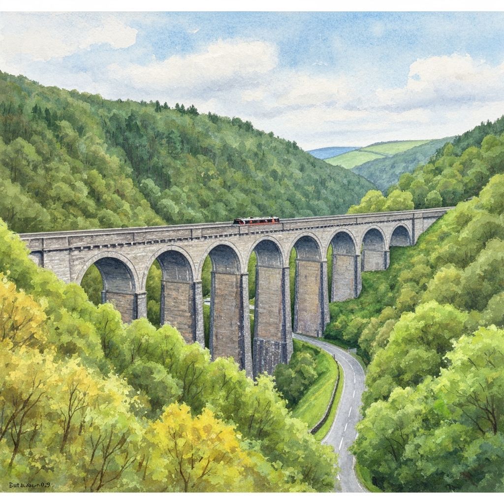 Pontcysyllte Aqueduct, Wales, across a steep wooded valley w...