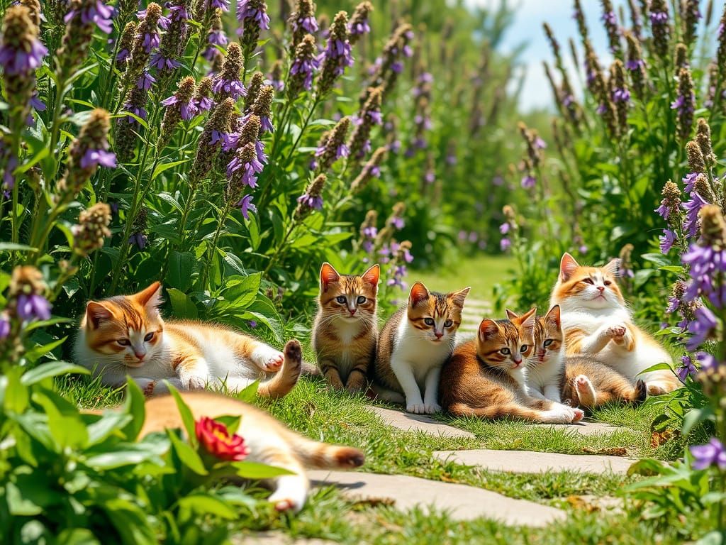 Whimsical Feline Family Soaks Up Spring in a Lush Catnip Par...