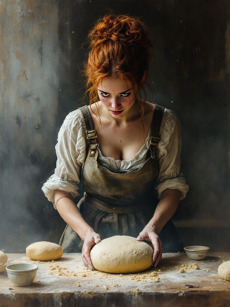 Baker Kneading Dough in Atmospheric Gothic Kitchen