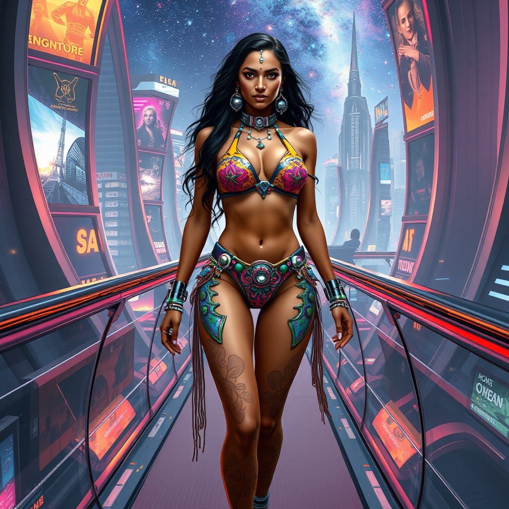Sci-Fi Indian Woman in Sky-City with Mirrored Bikini