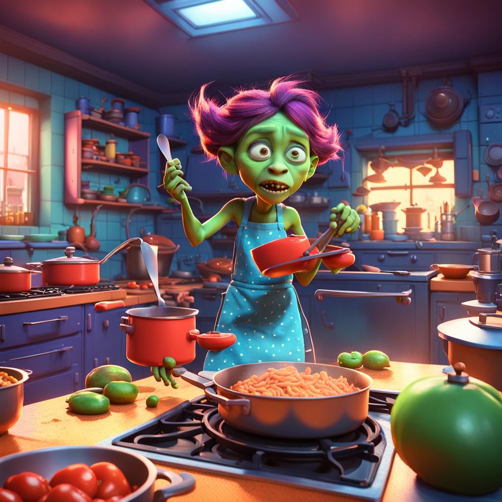 Goblin Cook in Chaotic Kitchen: Pixar-Style 3D Art