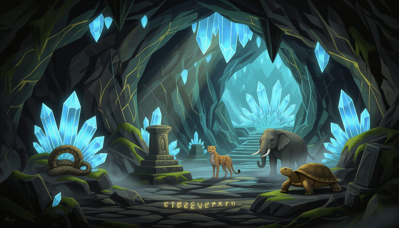 Ancient Cave Illuminated by Ethereal Blue and Gold Crystal L...