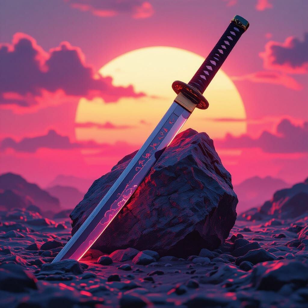 Synthwave Samurai Sword Sunset in Stone