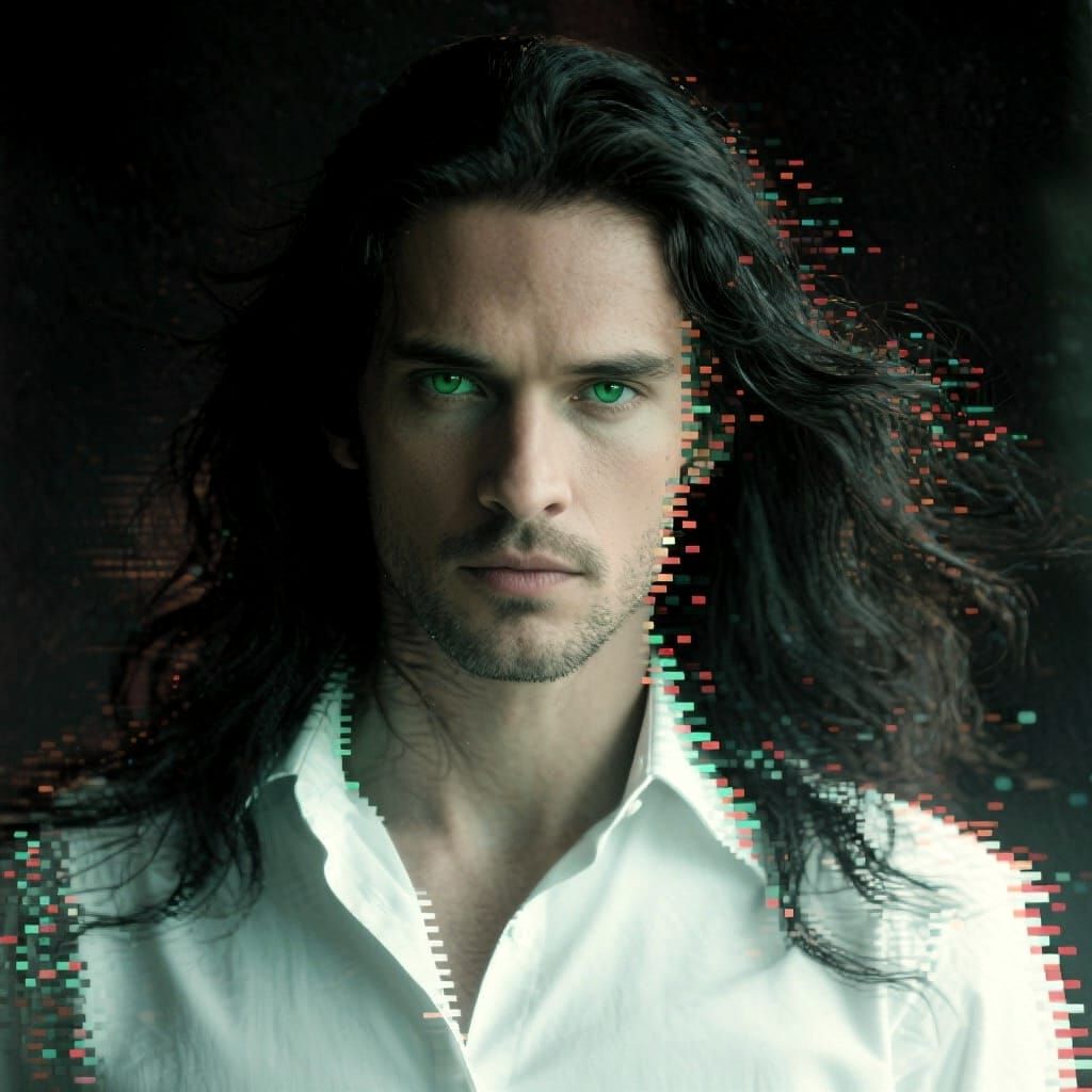 Man's Hair Dissolves into Digital Static, Cinematic Film Sti...