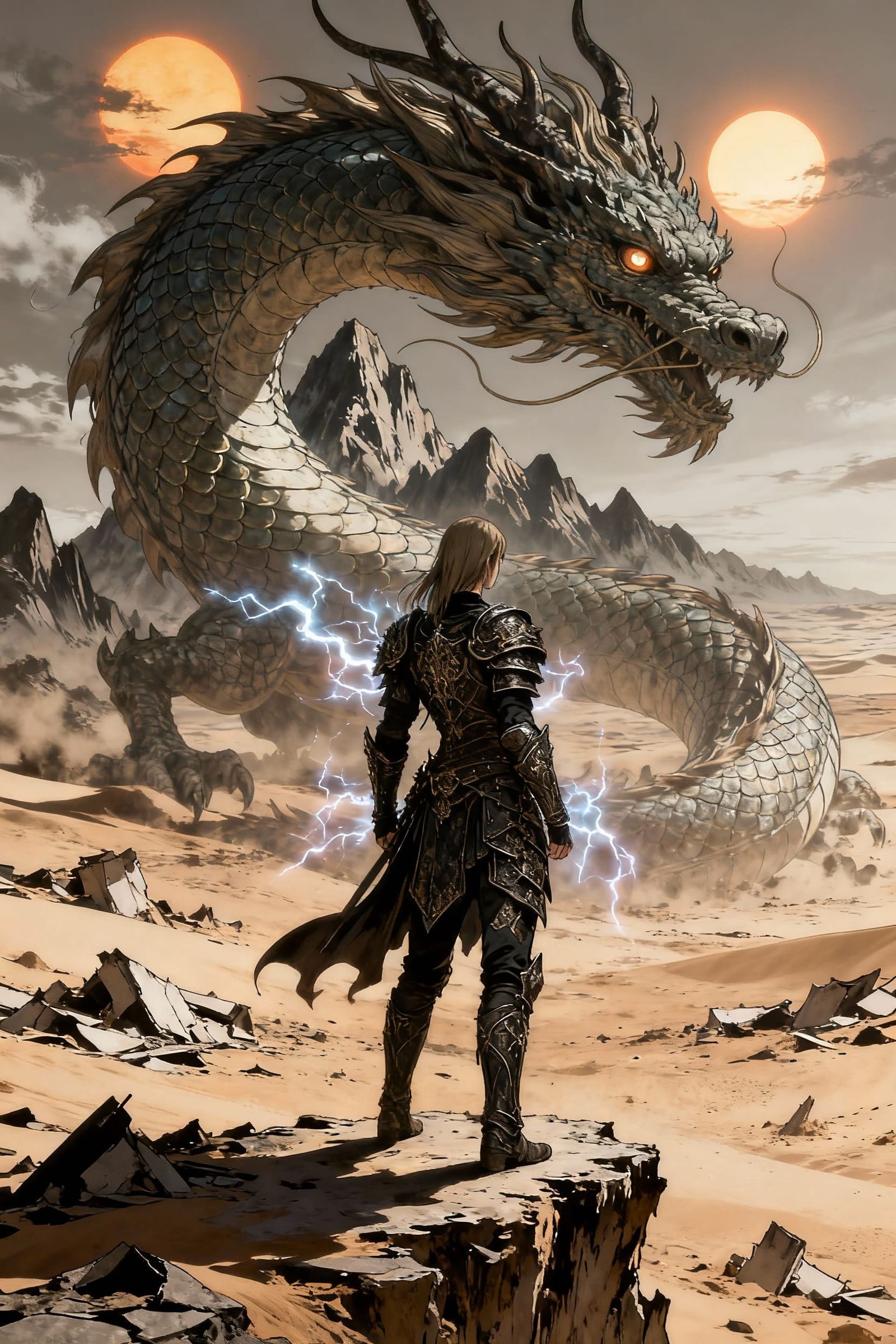 Dark Fantasy Warrior Faces Colossal Dragon Tattoo in Desert