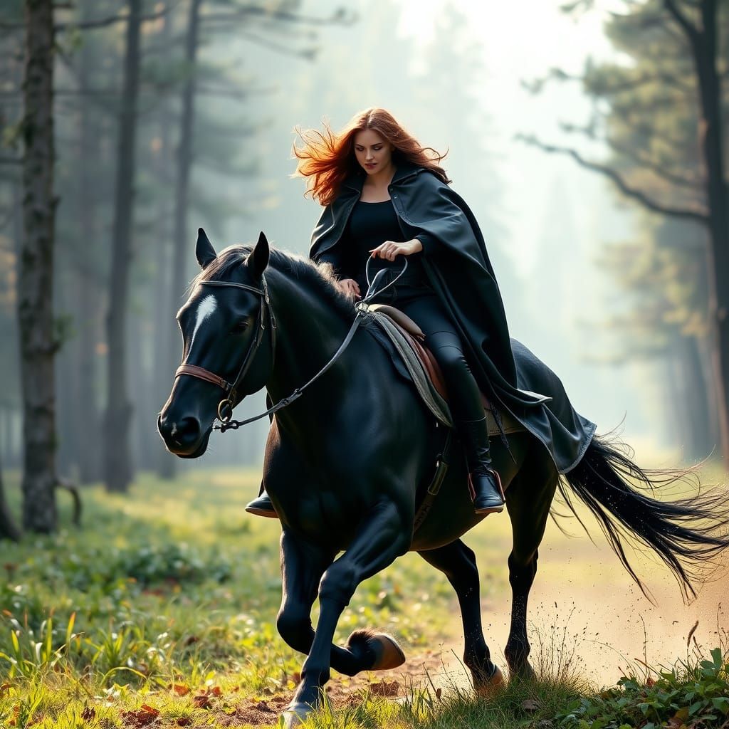 Woman in Black Cape on Horseback Through Forest