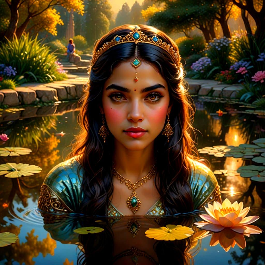 Enchanted Persian Princess Reflects in Moonlit Pond