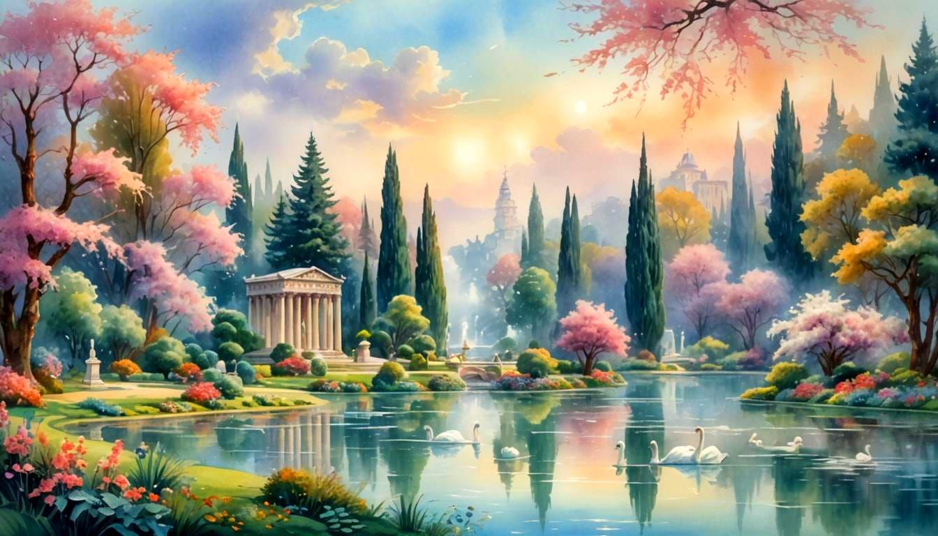 Seaside Park with Roman Temple, Watercolor Fantasy