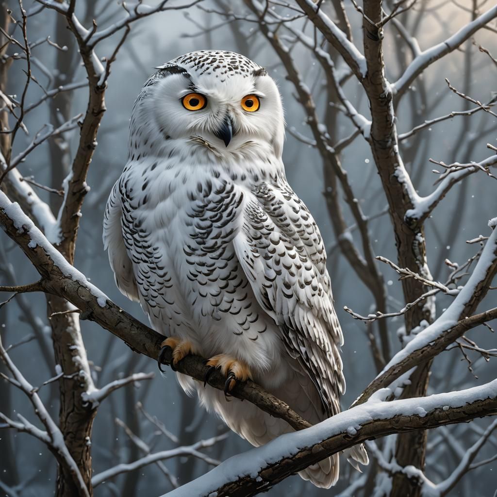 Adorable snowy owl perched on a tree branch, showcasing hype...