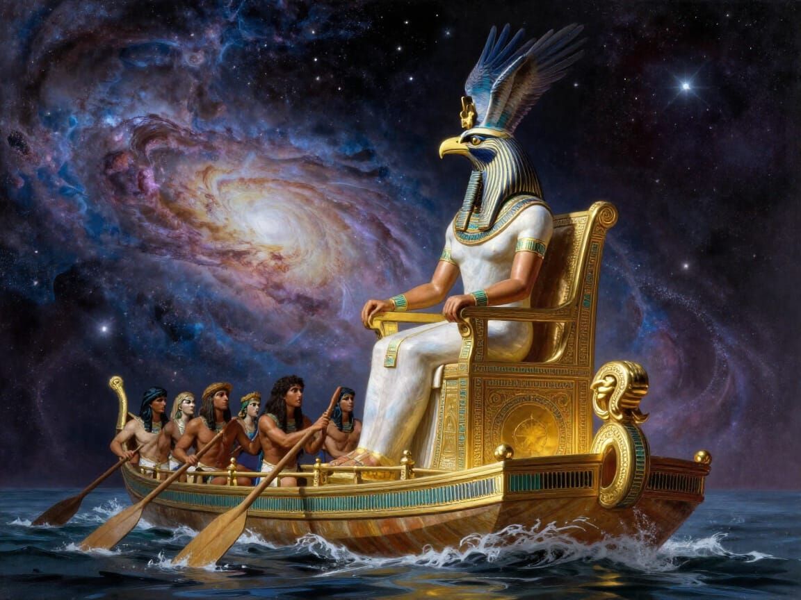 Horus on Throne Aboard Golden Barge Sailing Nebula